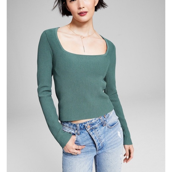 And Now This Ribbed Knit Top Square Neck Long Sleeve Green Casual Size L NWT - Picture 1 of 6